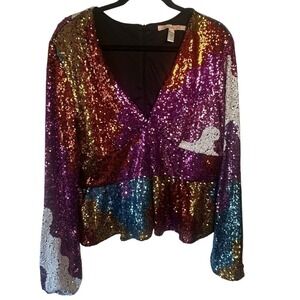 Hutch Multicolor Sequin V-Neck Top - Purple, Blue, Gold, Pink, Silver